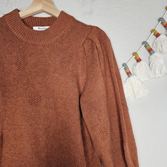 Madewell Dotted Eaton Puff Sleeve Cotton Merino Wool Yarn Sweater Redwood Boho S - Picture 6 of 11